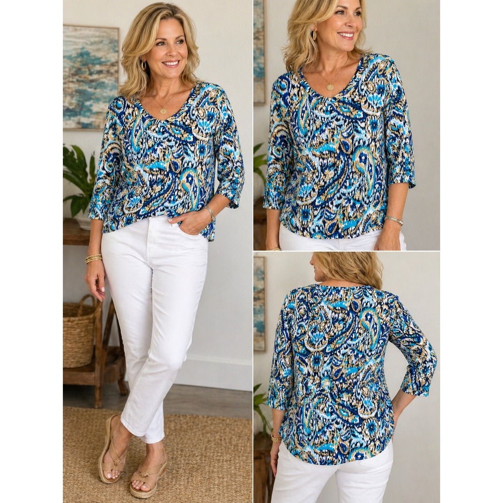 Chico's Ikat Paisley Top Size L Blue Teal Boho Coastal Lightweight Tee